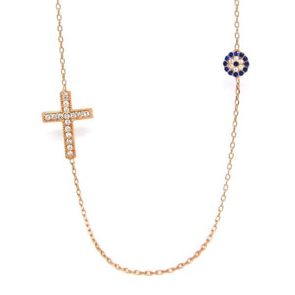 Duo Jewellery Necklaces Rose Gold Duo Evil Eye And Cross Necklace