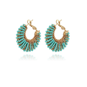 Gold hoop earrings with gold and turquoise beads 