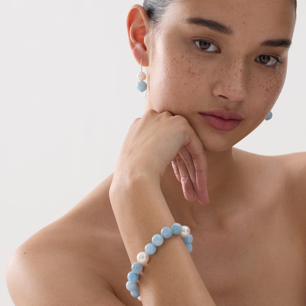 Najo Bracelets Najo Sunset Aquamarine & Pearl Stretch Bracelet