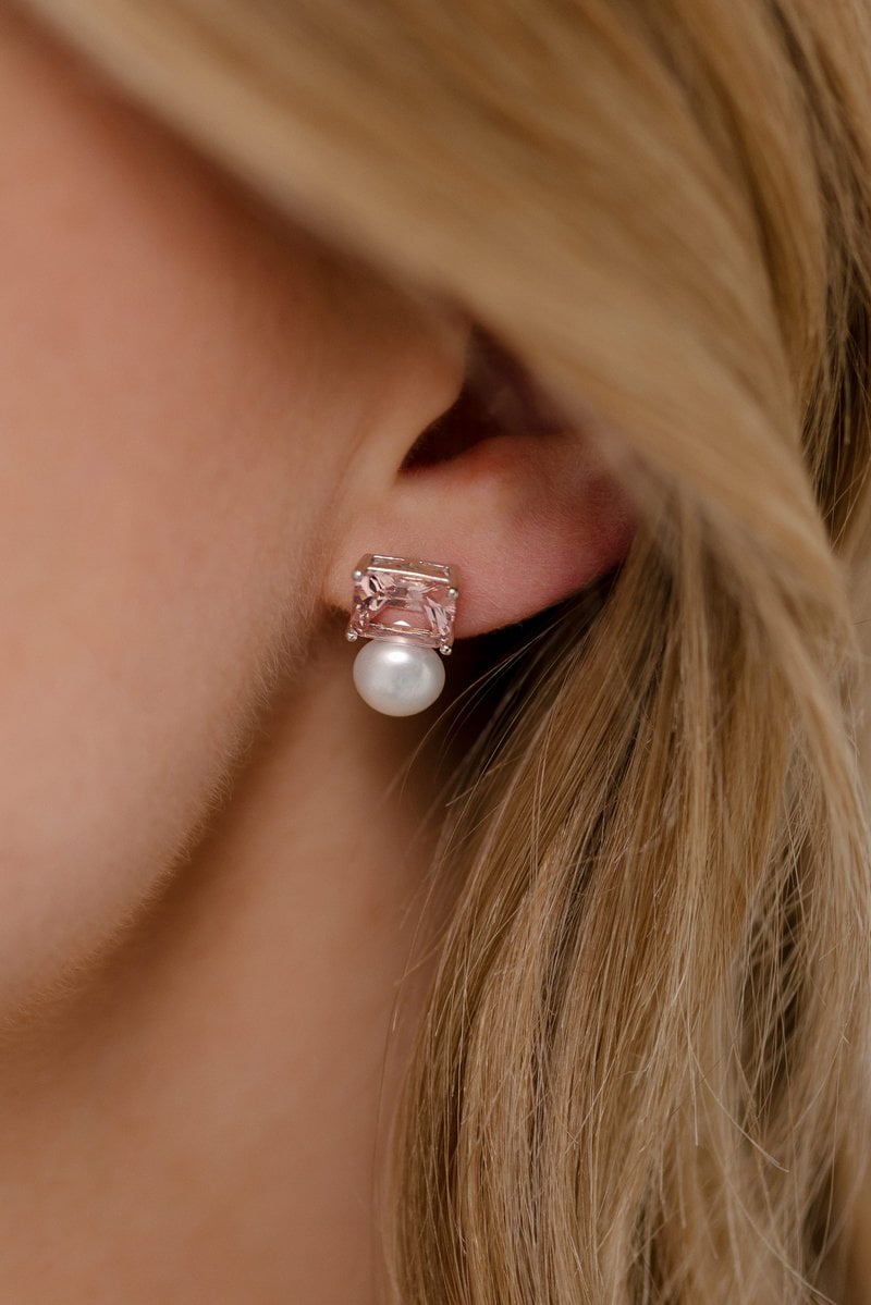 Sybella Earrings Silver Sybella pink stone and pearl stud