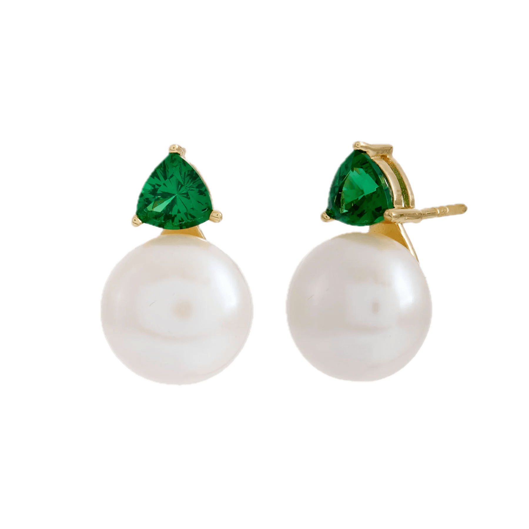 Sybella Earrings Sybella GISELLE Gold Plated Green Triangle CZ and White Fresh Water Pearl Stud Earring