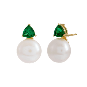 Sybella Earrings Sybella GISELLE Gold Plated Green Triangle CZ and White Fresh Water Pearl Stud Earring