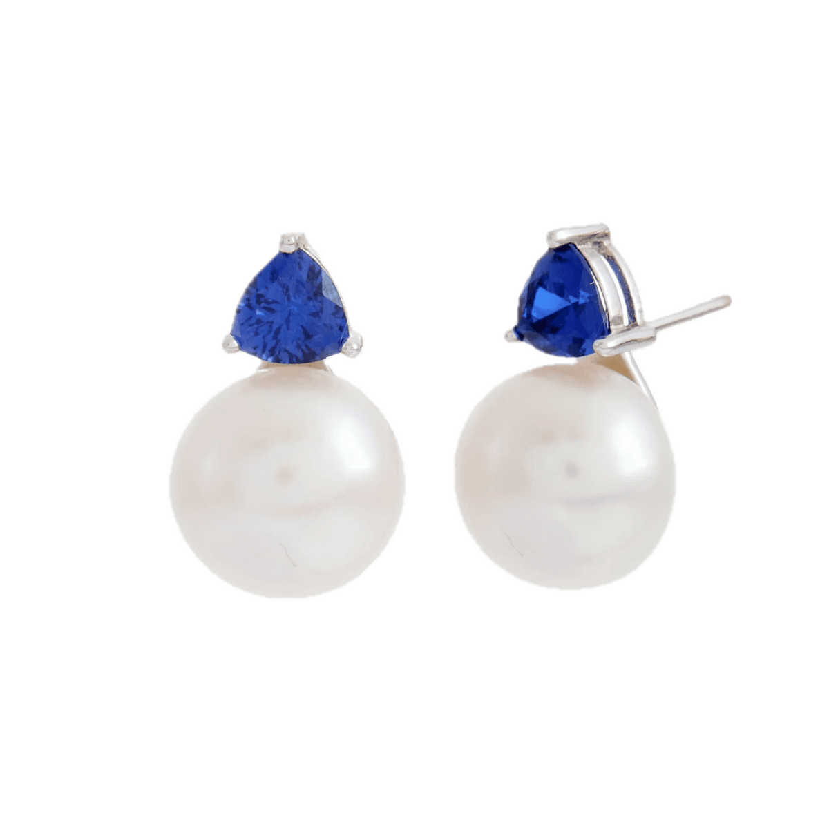 Sybella Earrings Sybella GISELLE Rhodium Blue Triangle CZ and White Fresh Water Pearl Stud Earring