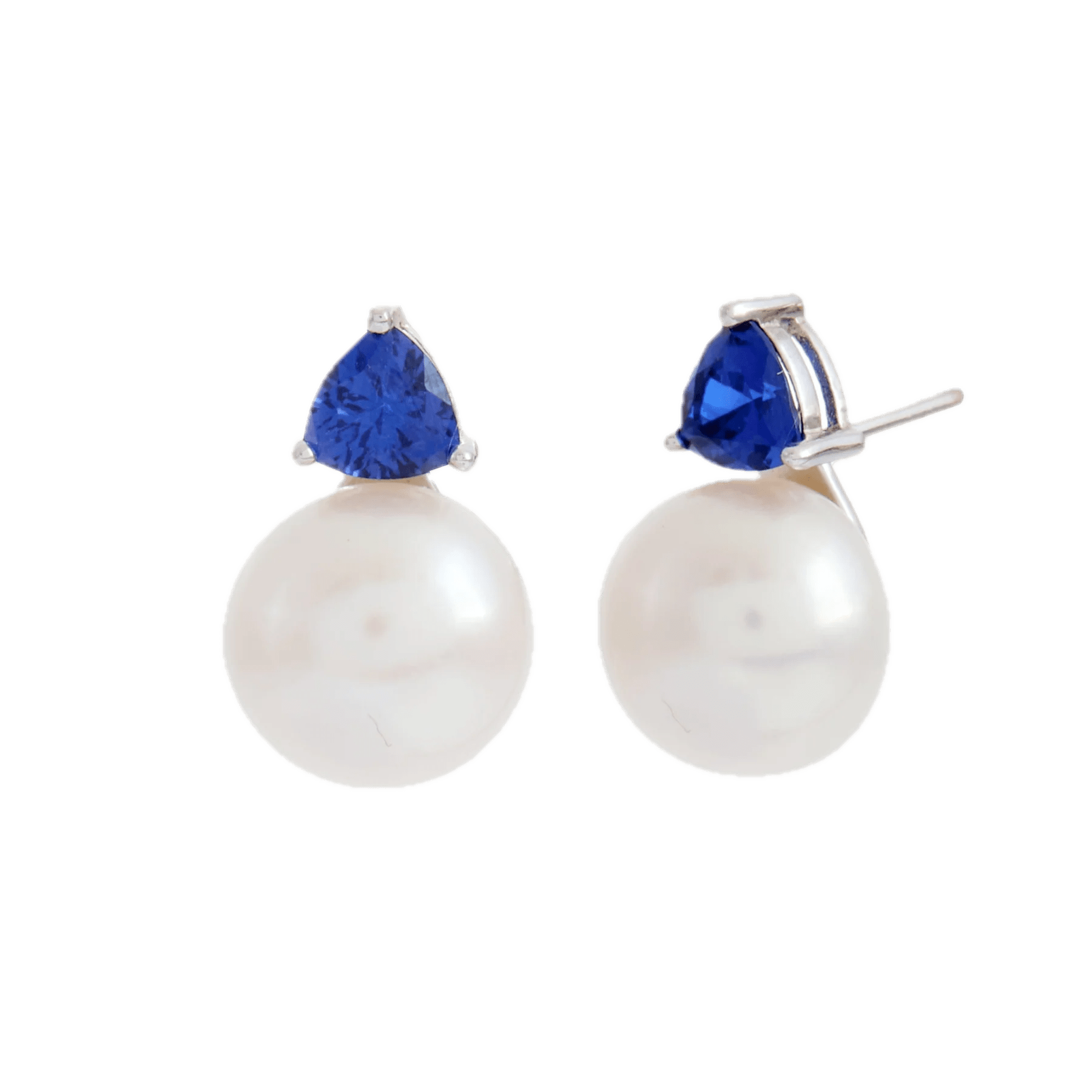 Sybella Earrings Sybella GISELLE Rhodium Blue Triangle CZ and White Fresh Water Pearl Stud Earring