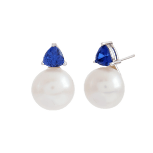 Sybella Earrings Sybella GISELLE Rhodium Blue Triangle CZ and White Fresh Water Pearl Stud Earring